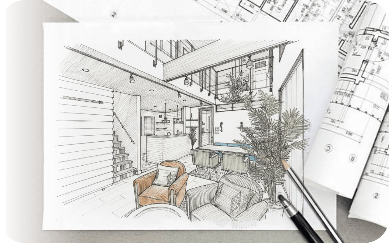 設計図と文房具の写真